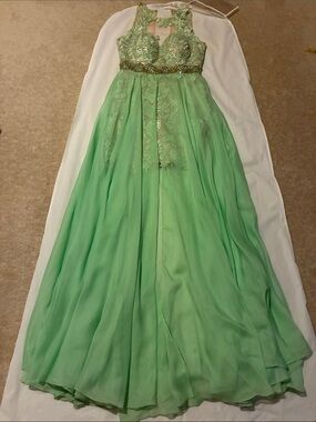 Sherri Hill Mint Green and Blush Lace Applique Dress